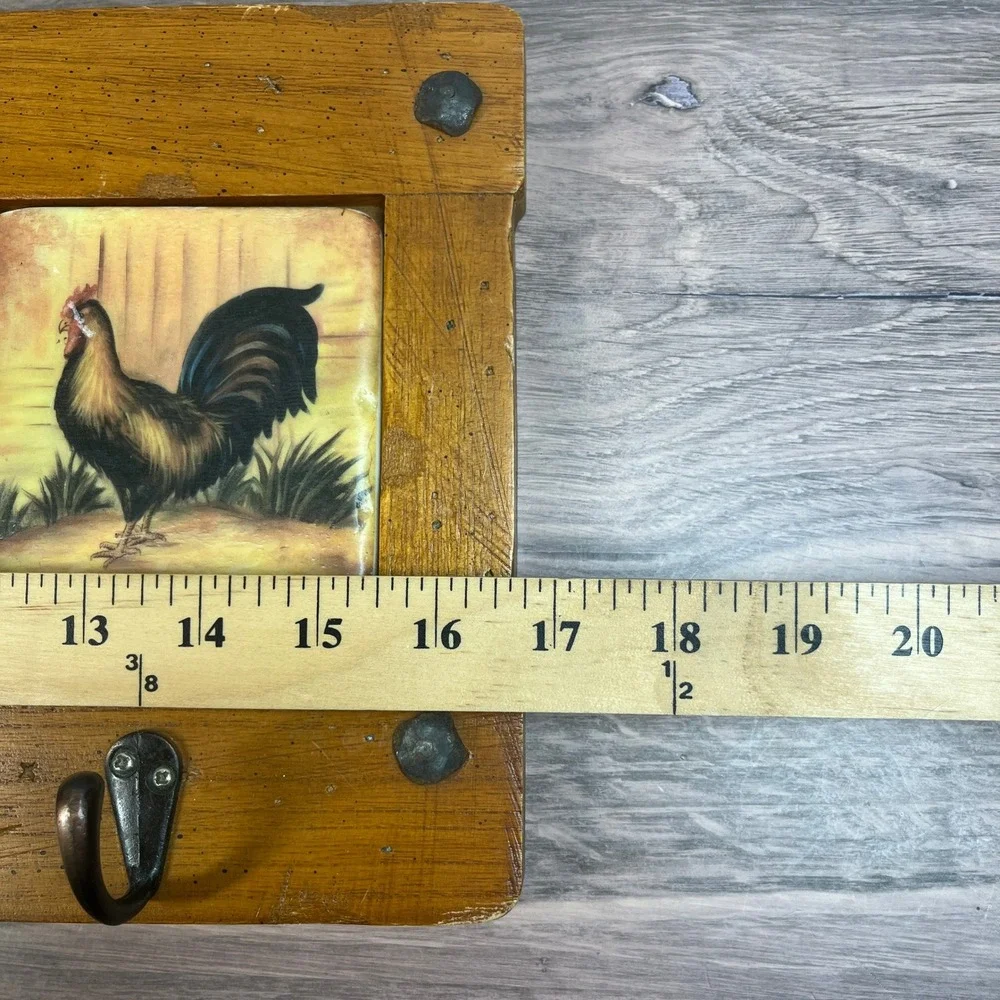 Rooster Wall Rack Wood Ceramic Tile 3 Hook Key Holder Brown Farmhouse Rustic